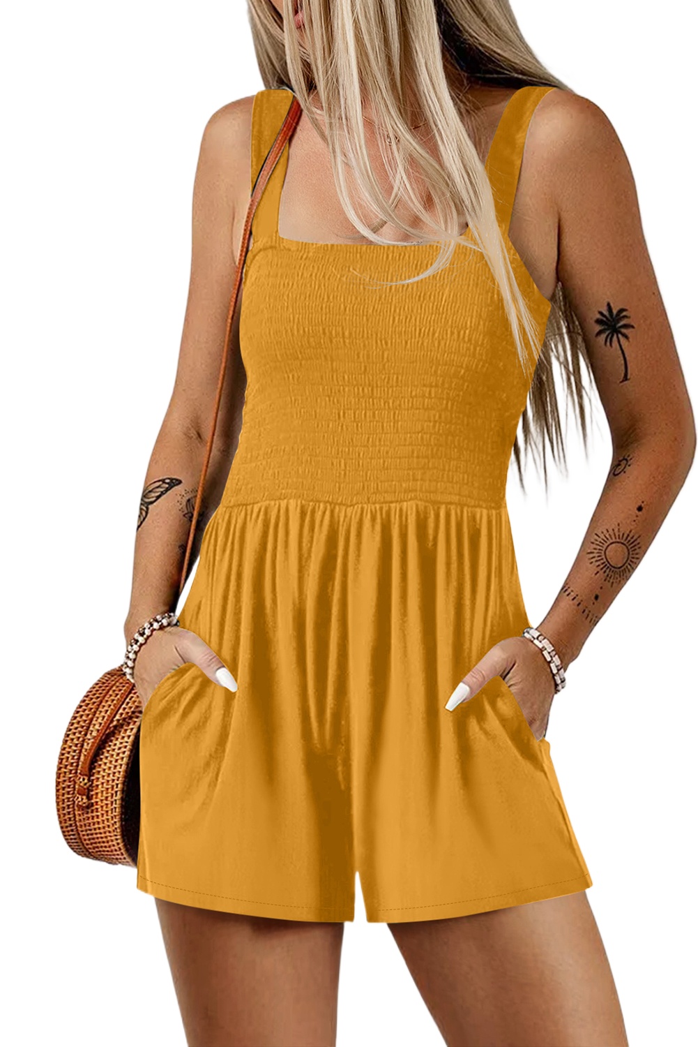 Women's Ginger Smocked Romper – Casual Sleeveless Fit and Flare Playsuit with Pockets - Main View Women's Ginger Smocked Romper – Casual Sleeveless Fit and Flare Playsuit with Pockets - Main View