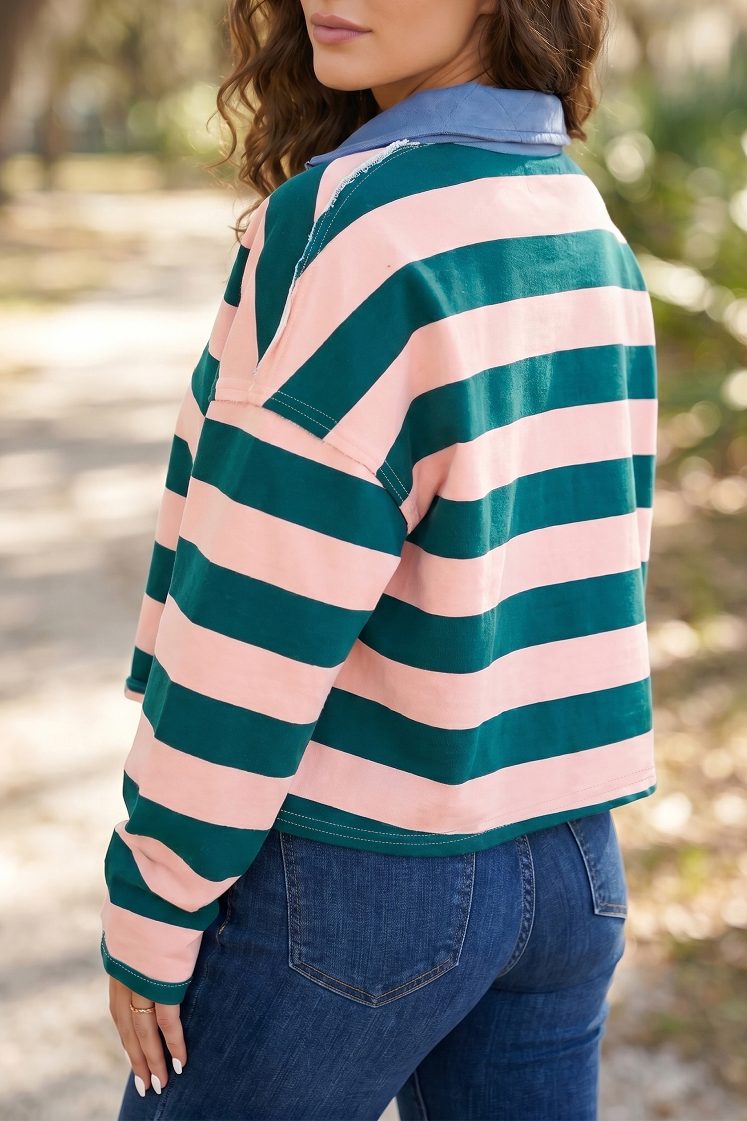 Green Striped Sweatshirt, Preppy Quarter Zip Cotton Blend Top - Detail View 2 Green Striped Sweatshirt, Preppy Quarter Zip Cotton Blend Top - Detail View 2