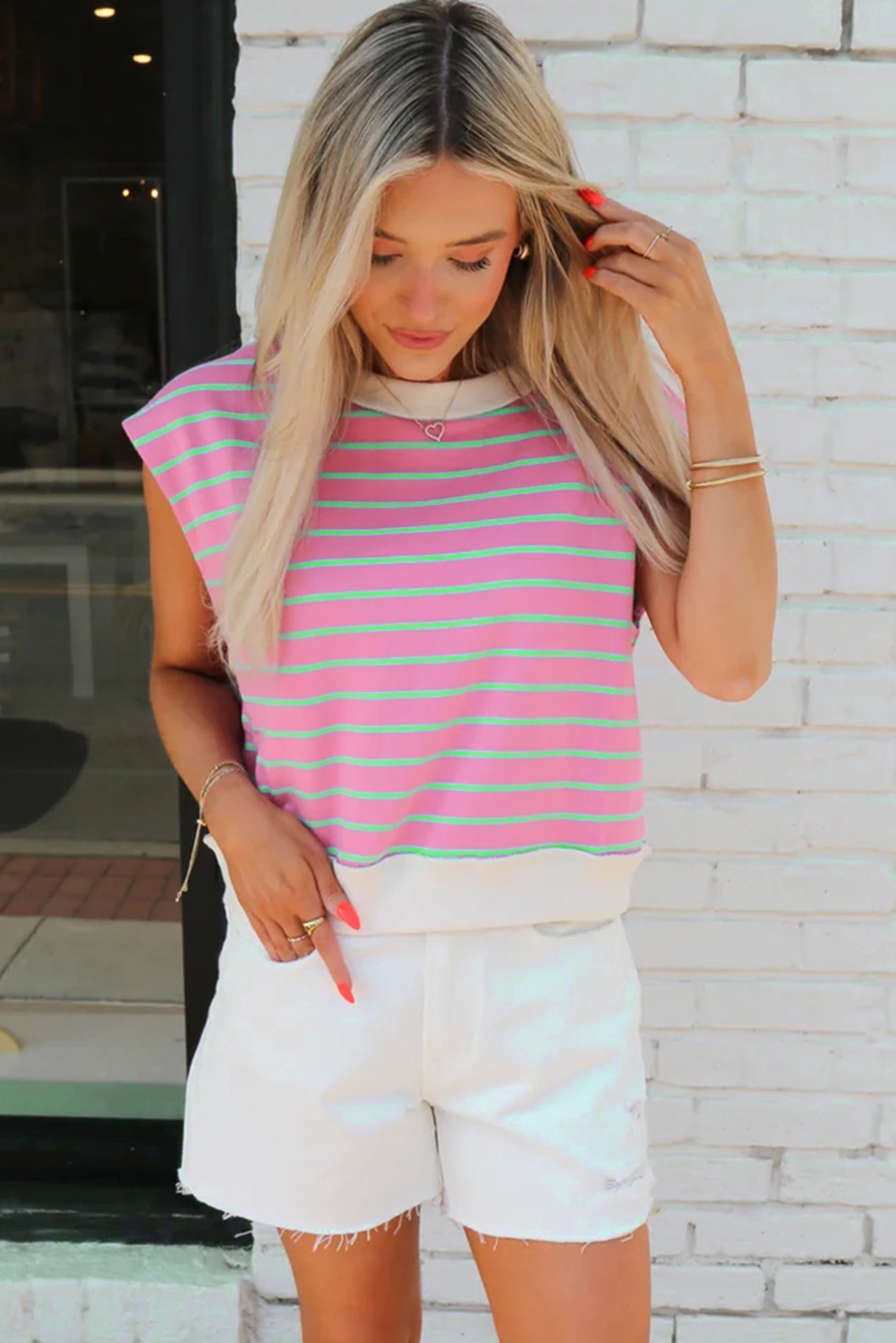 Women's T-Shirt, Sachet Pink, Striped Pattern, Crew Neck, Cap Sleeve, Casual Style, Summer Fashion, Comfortable, Daily Wear, Trendy, Easy to Pair, Tops, Tops & Tees - Detail View 4 Women's T-Shirt, Sachet Pink, Striped Pattern, Crew Neck, Cap Sleeve, Casual Style, Summer Fashion, Comfortable, Daily Wear, Trendy, Easy to Pair, Tops, Tops & Tees - Detail View 4