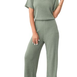 Women's Laurel Green Ribbed Keyhole Short Sleeve Wide Leg Jumpsuit with Pockets - Main View