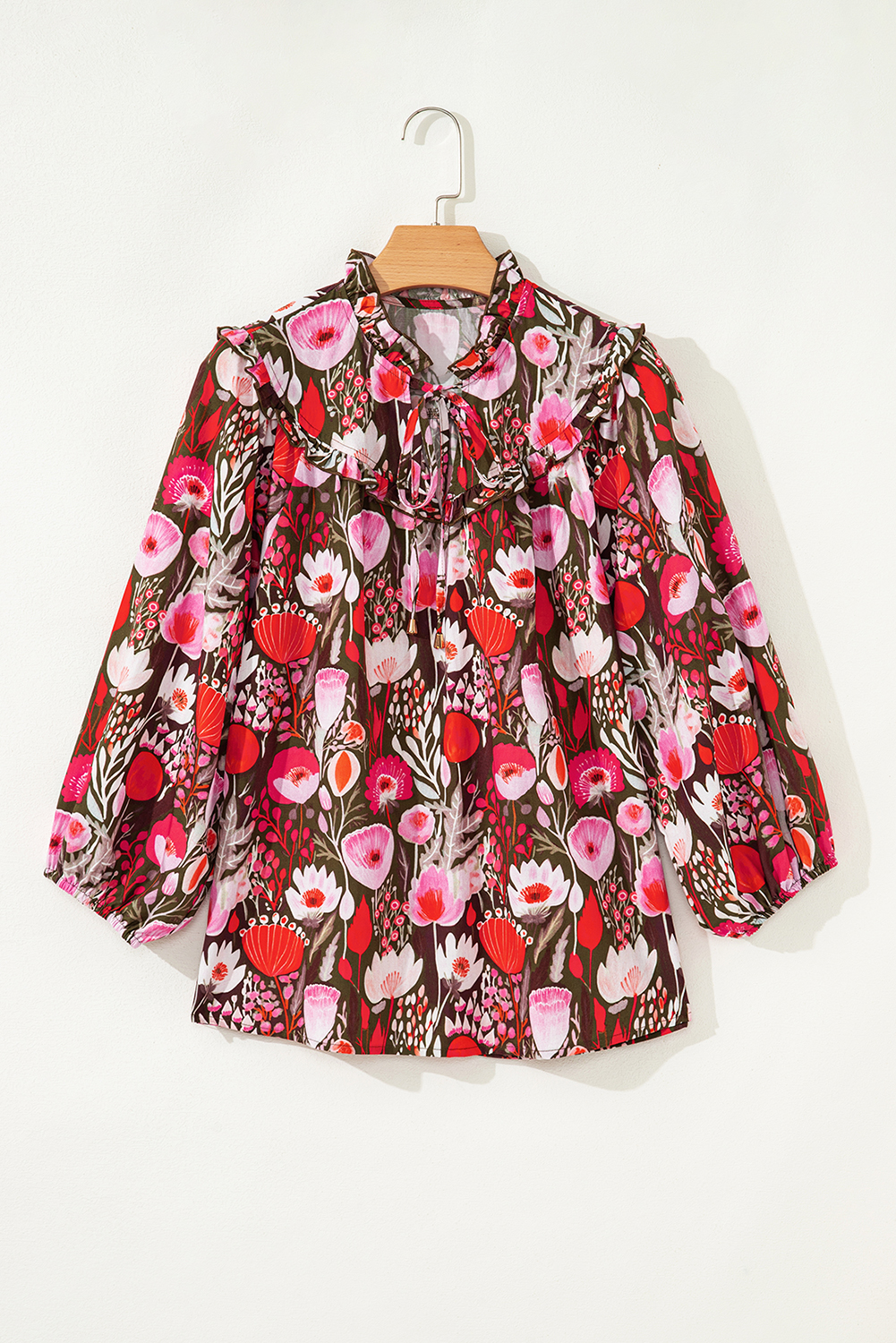 Stylish Red Floral Print Blouse with Three Quarter Sleeves - Daily Wear - Detail View 3 Stylish Red Floral Print Blouse with Three Quarter Sleeves - Daily Wear - Detail View 3