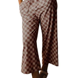 Women's Khaki Checkered High Waist Loose Casual Pants - Trendy Wide Leg Style - Main View