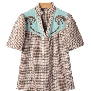 Women's Western Gingham Blouse – Embroidered Pony Yoke V-Neck Top with Puff Sleeves, Brown Plaid Casual Shirt - Main View