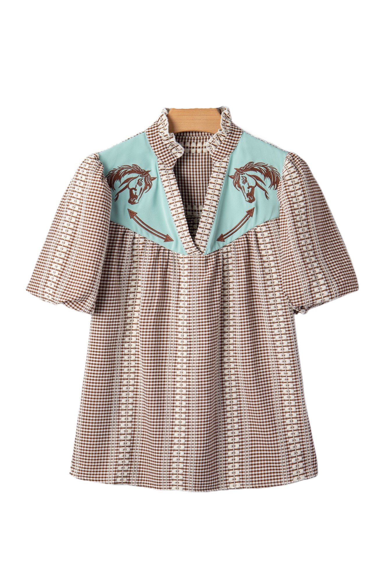 Women's Western Gingham Blouse – Embroidered Pony Yoke V-Neck Top with Puff Sleeves, Brown Plaid Casual Shirt - Main View Women's Western Gingham Blouse – Embroidered Pony Yoke V-Neck Top with Puff Sleeves, Brown Plaid Casual Shirt - Main View