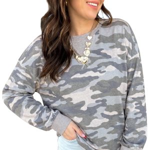 Women's Camouflage Pullover – Long Sleeve Casual Crewneck Top - Main View