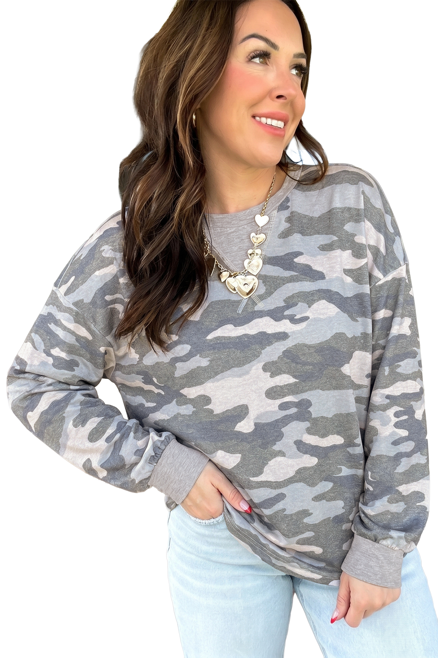 Women's Camouflage Pullover – Long Sleeve Casual Crewneck Top - Main View Women's Camouflage Pullover – Long Sleeve Casual Crewneck Top - Main View
