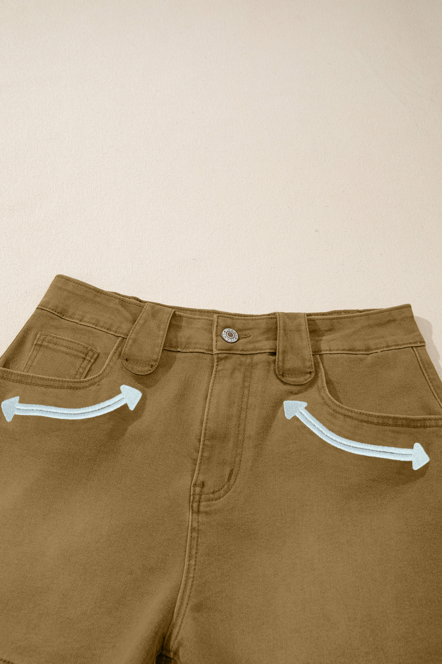 Stretch Denim Shorts, High Waisted Khaki For Women - Detail View 12 Stretch Denim Shorts, High Waisted Khaki For Women - Detail View 12