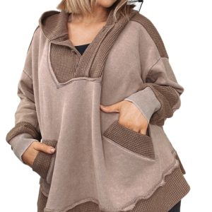Plus Size Goat Waffle Contrast Patchwork Pocketed Hoodie for Women - Main View