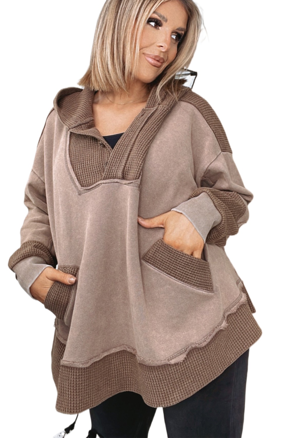Plus Size Goat Waffle Contrast Patchwork Pocketed Hoodie for Women - Main View Plus Size Goat Waffle Contrast Patchwork Pocketed Hoodie for Women - Main View