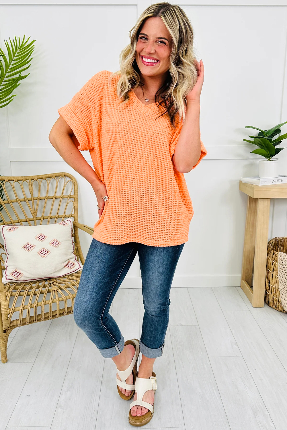 Women's Grapefruit Orange Waffle Knit Summer Shirt - Detail View 5 Women's Grapefruit Orange Waffle Knit Summer Shirt - Detail View 5
