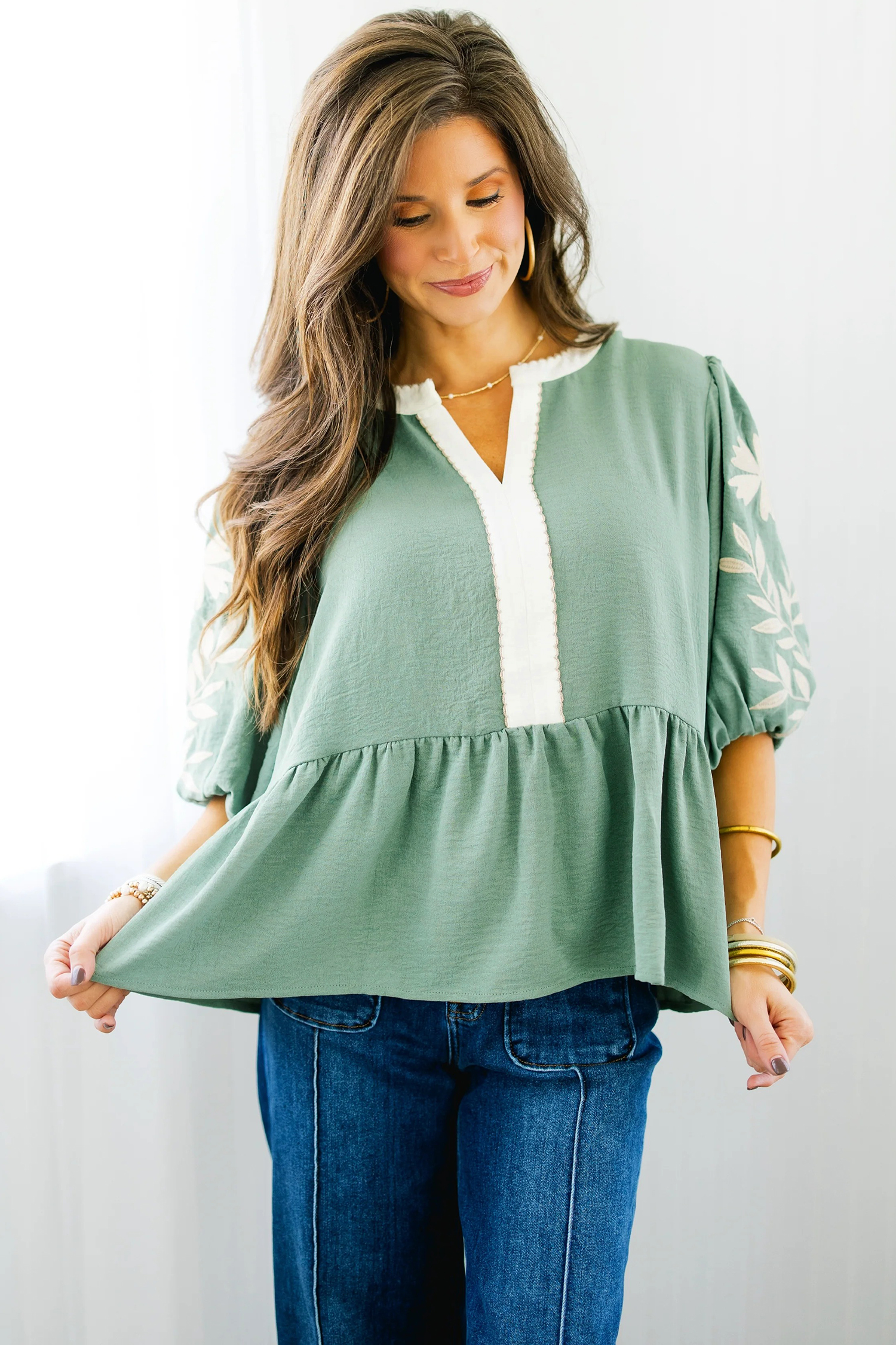 Casual Smoke Green V Neck Patchwork Blouse for Women – Stylish Embroidered Puff Sleeve - Detail View 5 Casual Smoke Green V Neck Patchwork Blouse for Women – Stylish Embroidered Puff Sleeve - Detail View 5