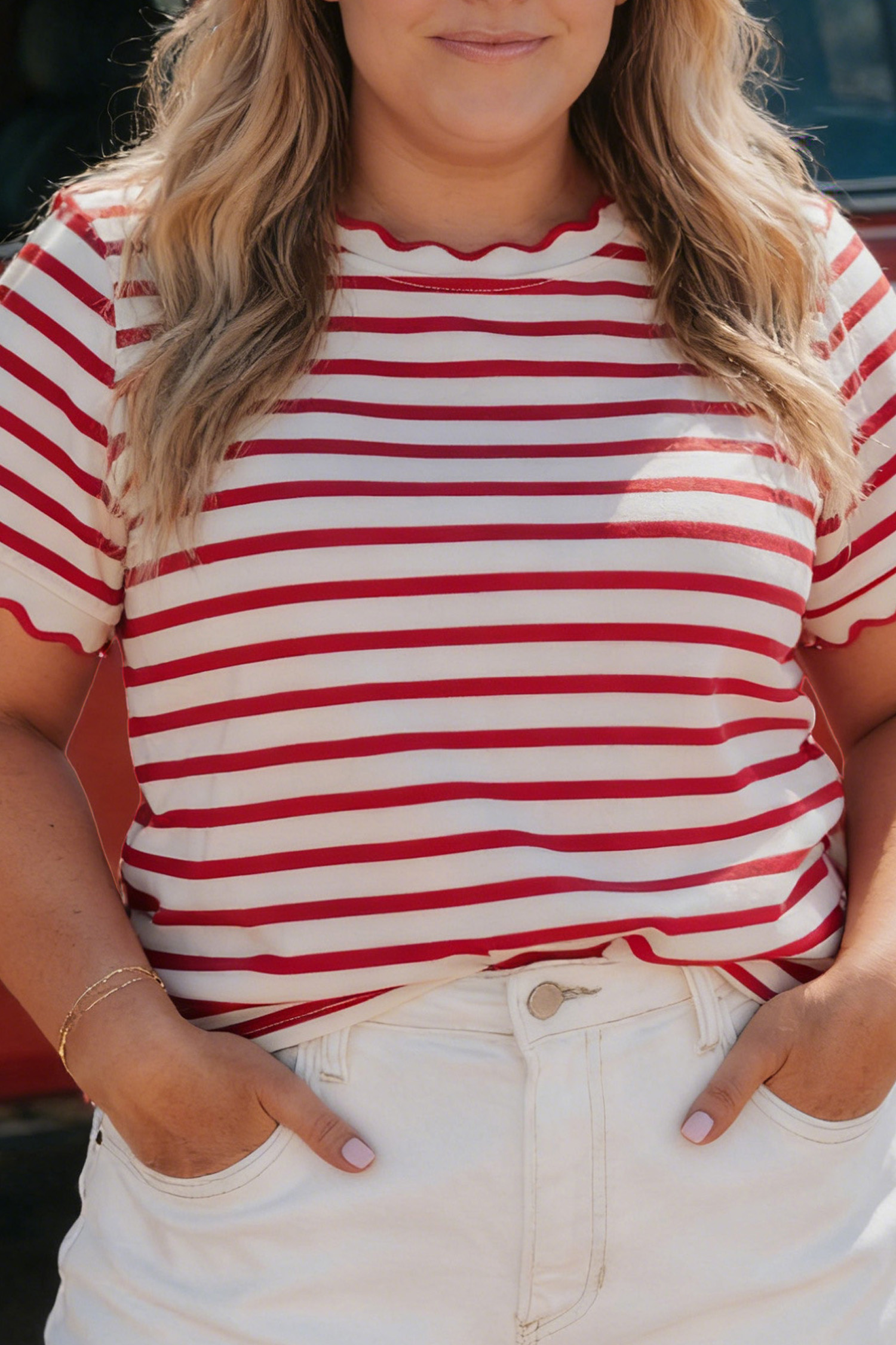 Casual Women's Red Stripe Scalloped Trim Top – Short Sleeve Round Neck Design for Summer Outings - Detail View 2 Casual Women's Red Stripe Scalloped Trim Top – Short Sleeve Round Neck Design for Summer Outings - Detail View 2