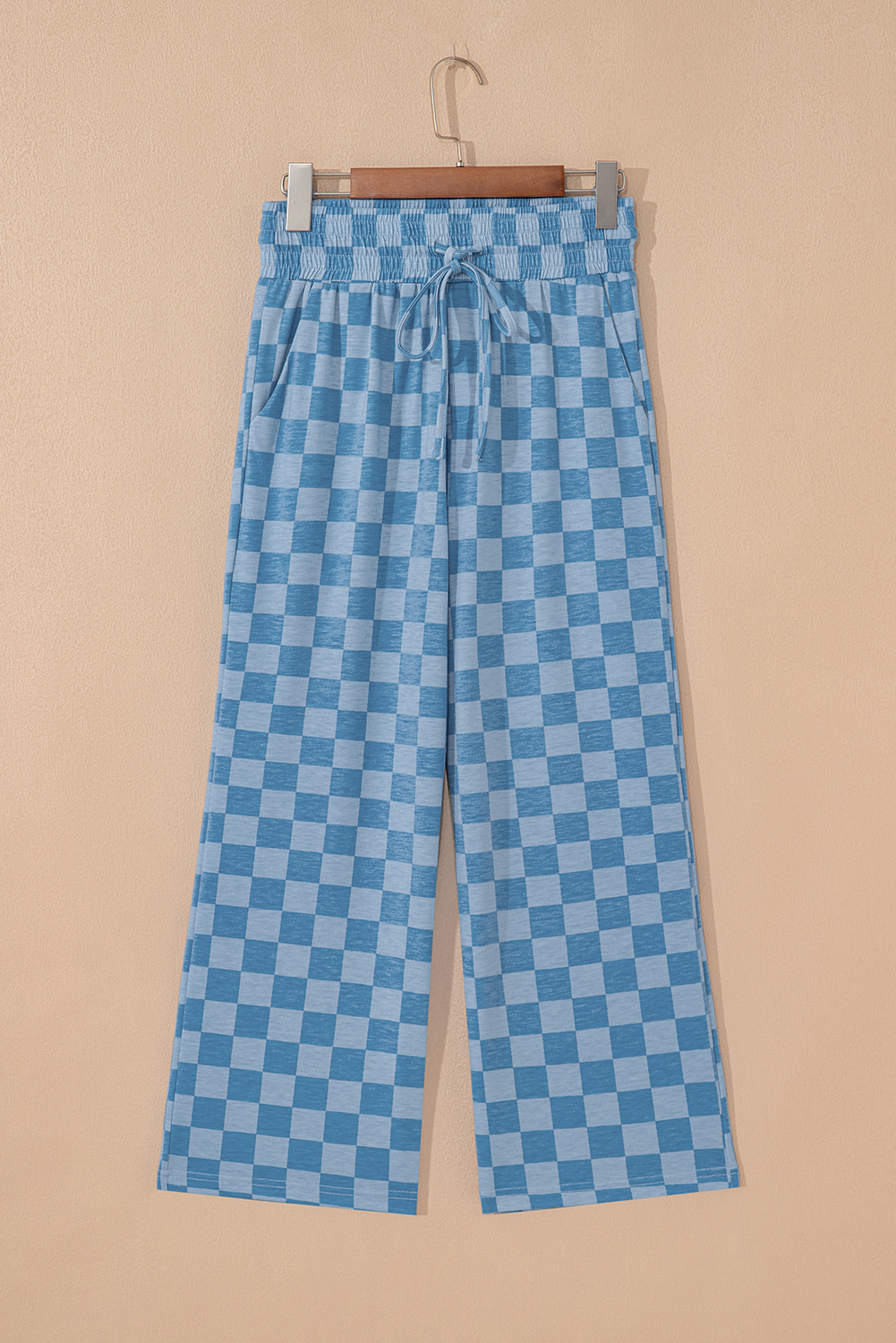 Women's Sky Blue Checkered Pants, Casual Elastic Wide Leg - Detail View 7 Women's Sky Blue Checkered Pants, Casual Elastic Wide Leg - Detail View 7