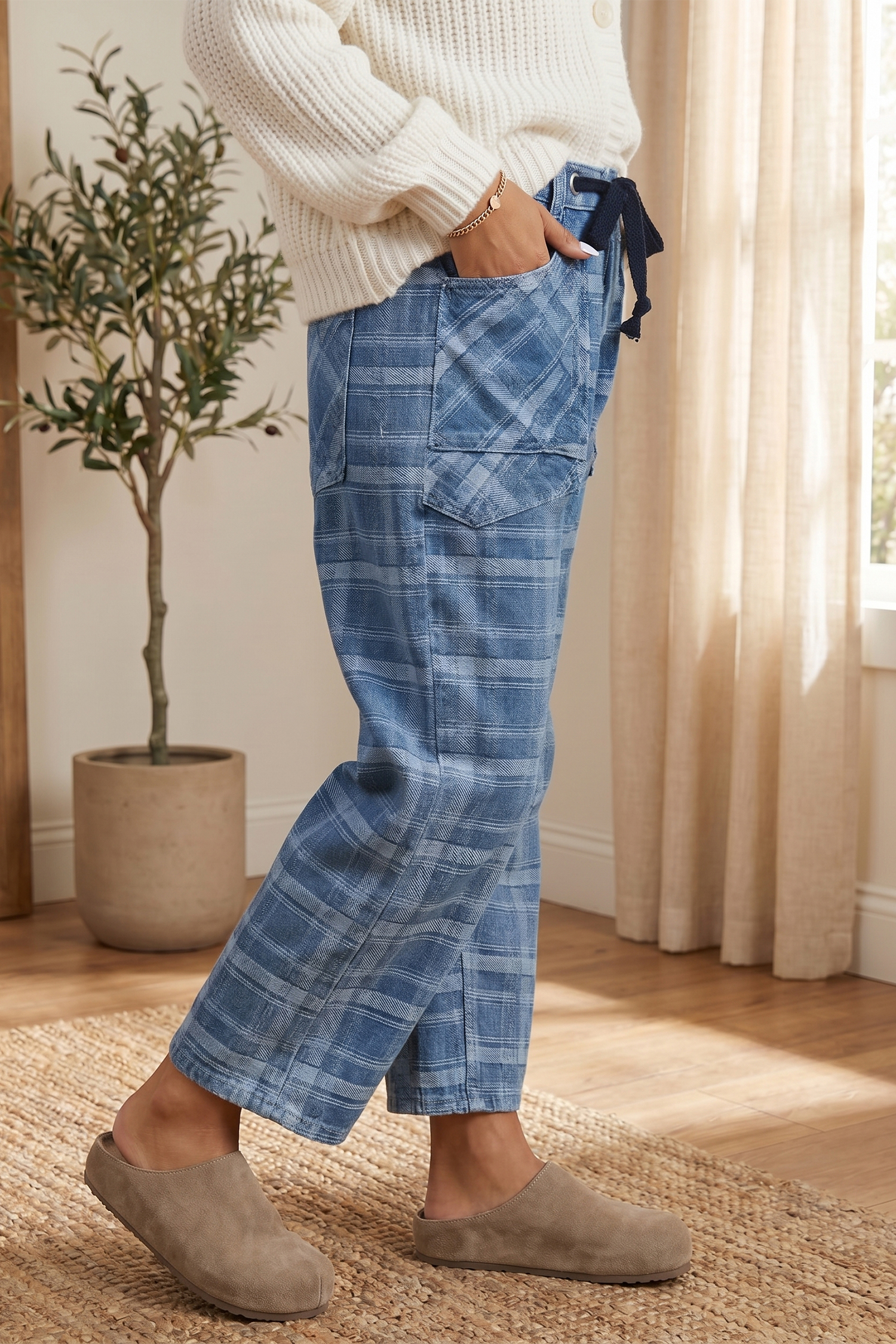 Women's Plaid Ankle Length Jeans, Blue Grommet Waist - Detail View 2 Women's Plaid Ankle Length Jeans, Blue Grommet Waist - Detail View 2