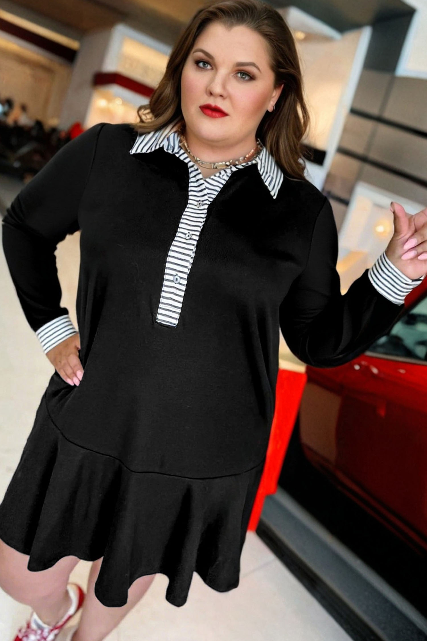 Chic Black Plus Size Dress with Striped Cuffs – Long Sleeve Ruffle Hem for Effortless Fall Fashion - Detail View 2 Chic Black Plus Size Dress with Striped Cuffs – Long Sleeve Ruffle Hem for Effortless Fall Fashion - Detail View 2