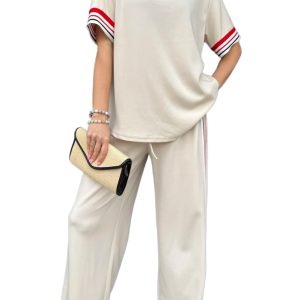 Women's Jet Stream Contrast Striped Crewneck T-Shirt & Loose Pants Set for Casual Summer Outings - Main View