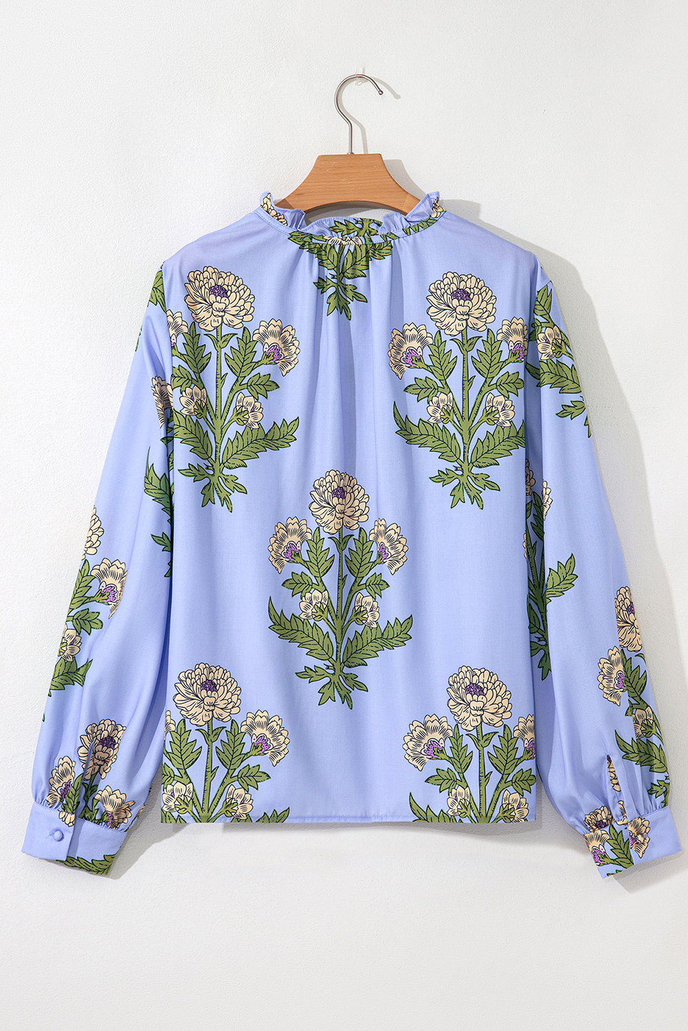 Women's Sky Blue Floral Print Long Puff Sleeve Blouse with Tie Neck - Detail View 5 Women's Sky Blue Floral Print Long Puff Sleeve Blouse with Tie Neck - Detail View 5
