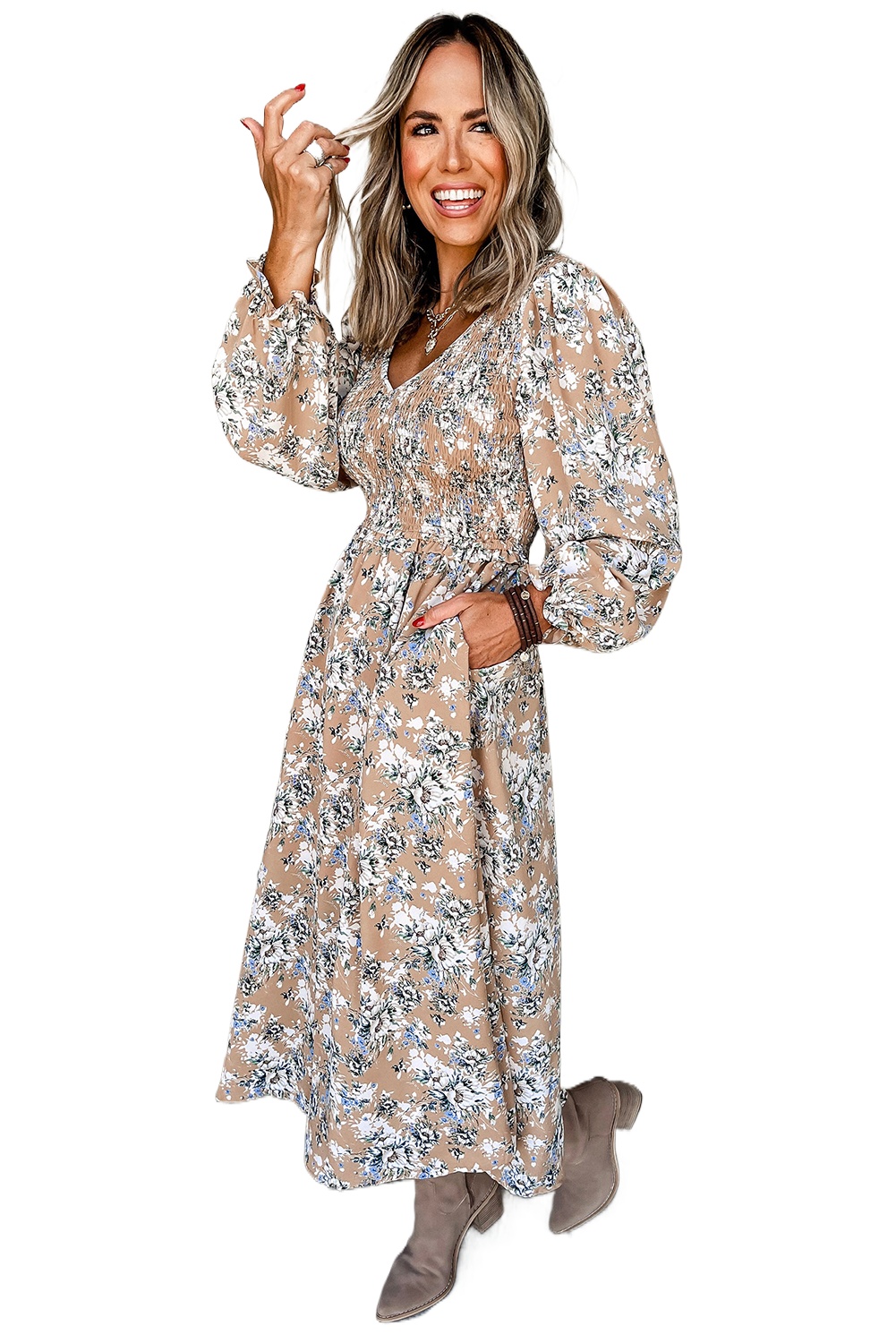 Women's Khaki Floral Smocked Puff Sleeve Maxi Dress - Timeless Elegance - Main View Women's Khaki Floral Smocked Puff Sleeve Maxi Dress - Timeless Elegance - Main View
