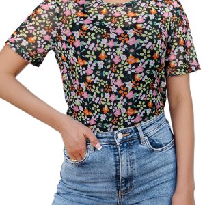 Women's Black Sheer Floral Mesh Round Neck T-Shirt - Elegant & Lightweight - Main View