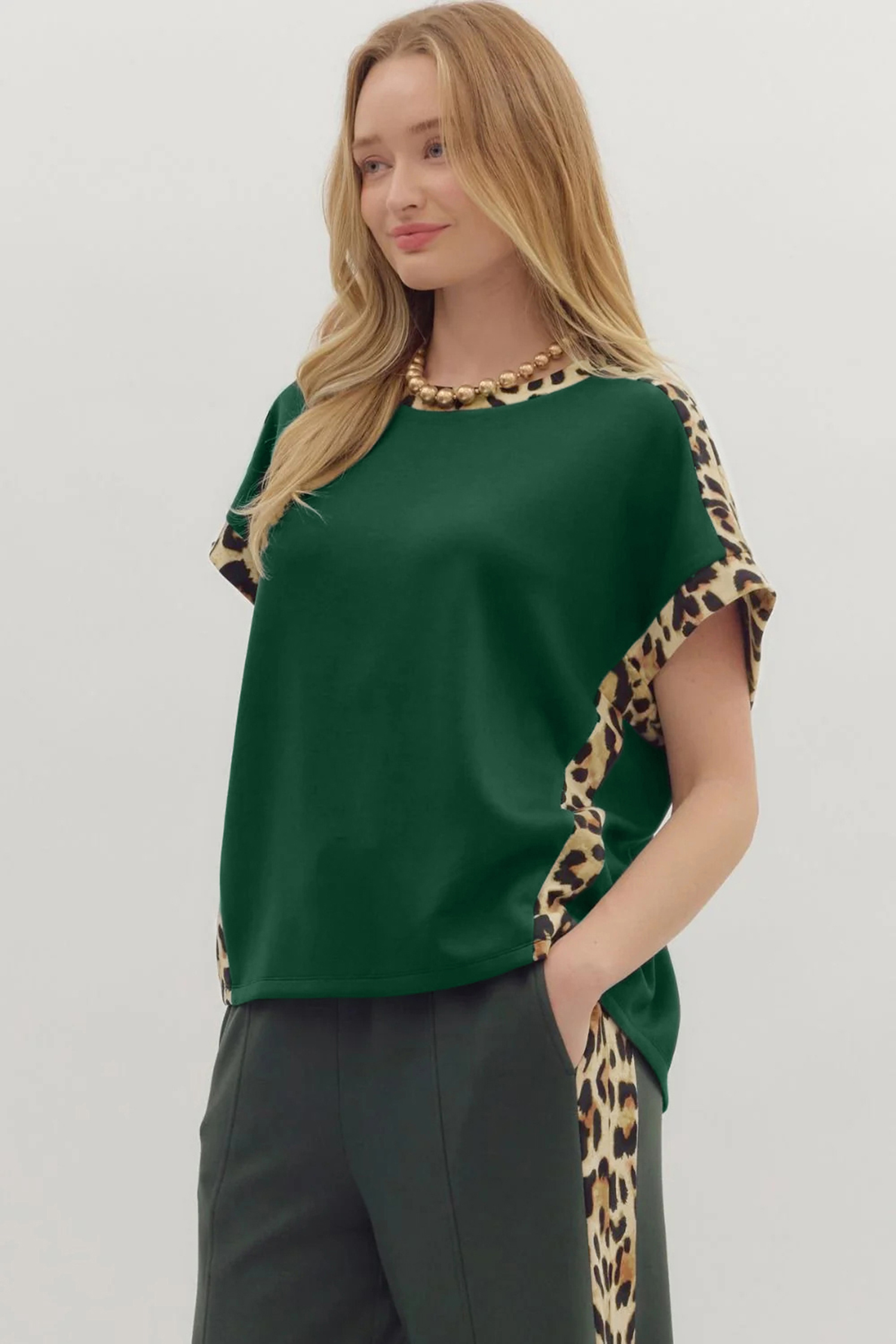Casual Women's Sea Green Leopard Trim T-Shirt – Effortless Summer Style for Daily Wear - Detail View 7 Casual Women's Sea Green Leopard Trim T-Shirt – Effortless Summer Style for Daily Wear - Detail View 7