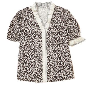 Women's Black Leopard Print Ruffled Blouse – Stylish V Neck Short Sleeve Top for Daily Wear - Main View