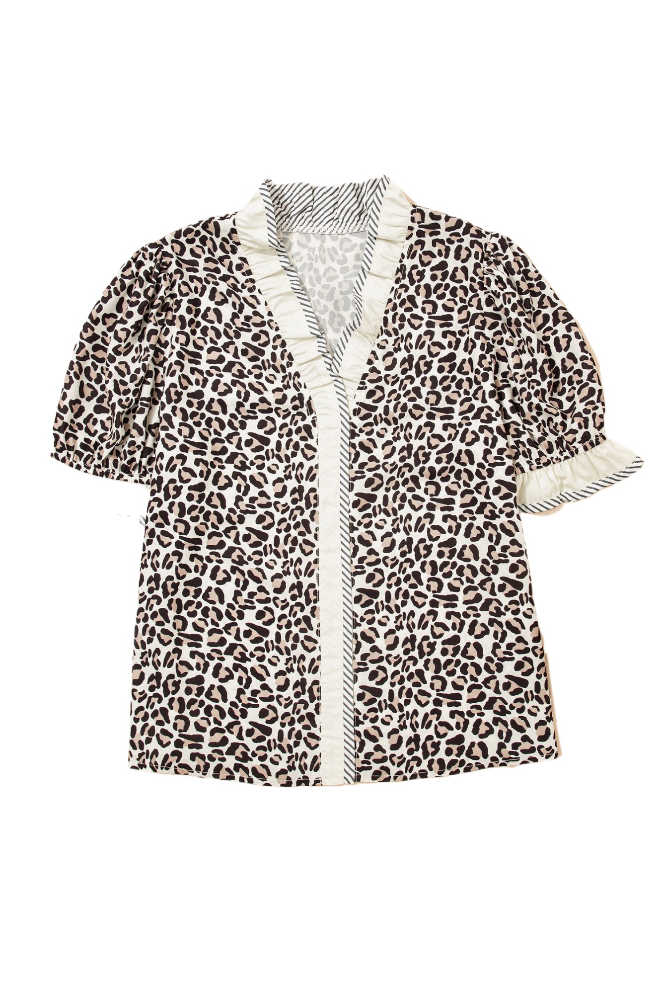 Women's Black Leopard Print Ruffled Blouse – Stylish V Neck Short Sleeve Top for Daily Wear - Main View Women's Black Leopard Print Ruffled Blouse – Stylish V Neck Short Sleeve Top for Daily Wear - Main View