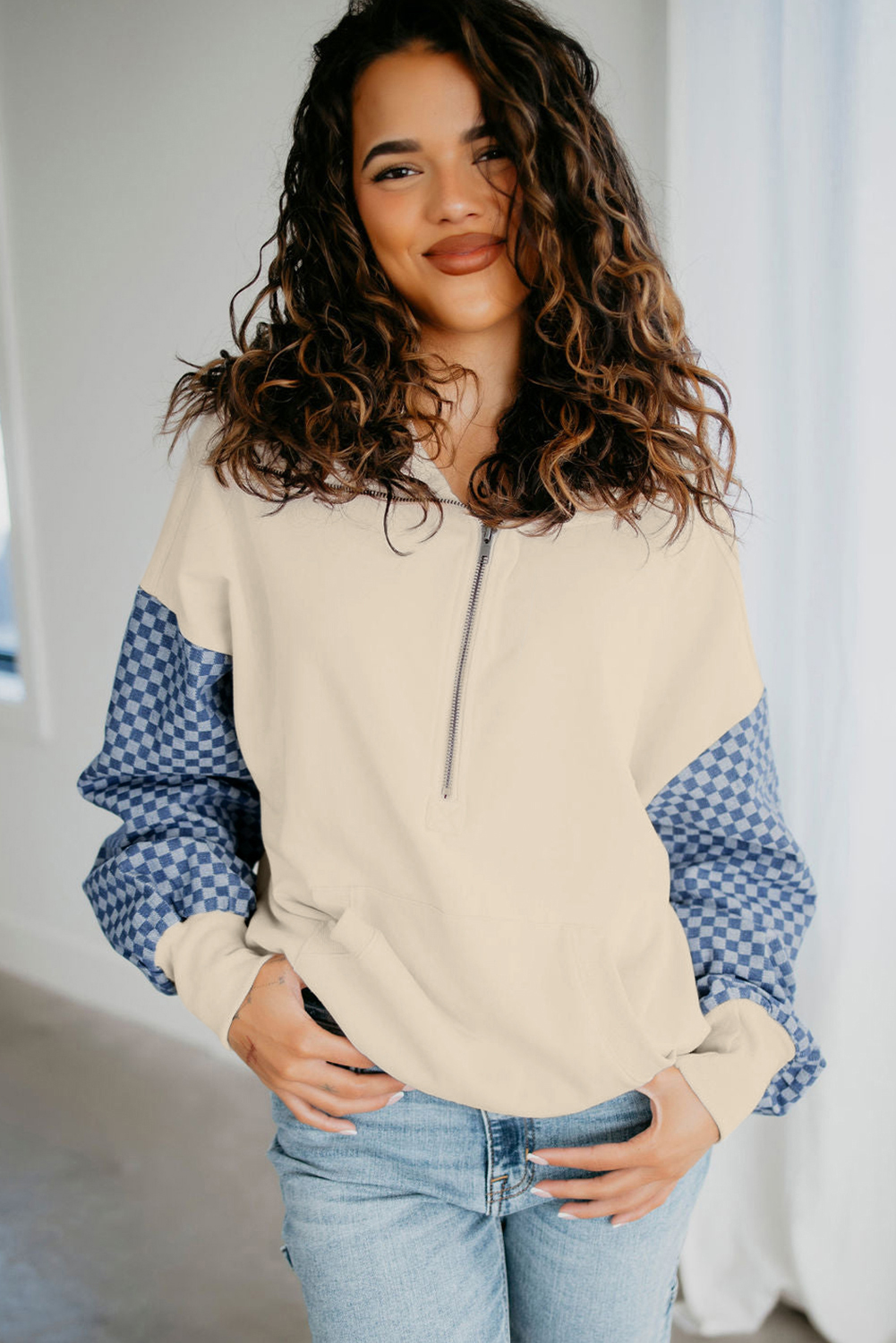 Women's Parchment Checkered Patchwork Half Zipper Hoodie with Kangaroo Pocket - Detail View 5 Women's Parchment Checkered Patchwork Half Zipper Hoodie with Kangaroo Pocket - Detail View 5