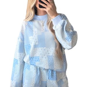 Women's Patchwork Lounge Set, Sky Blue Floral Pullover Shorts - Main View