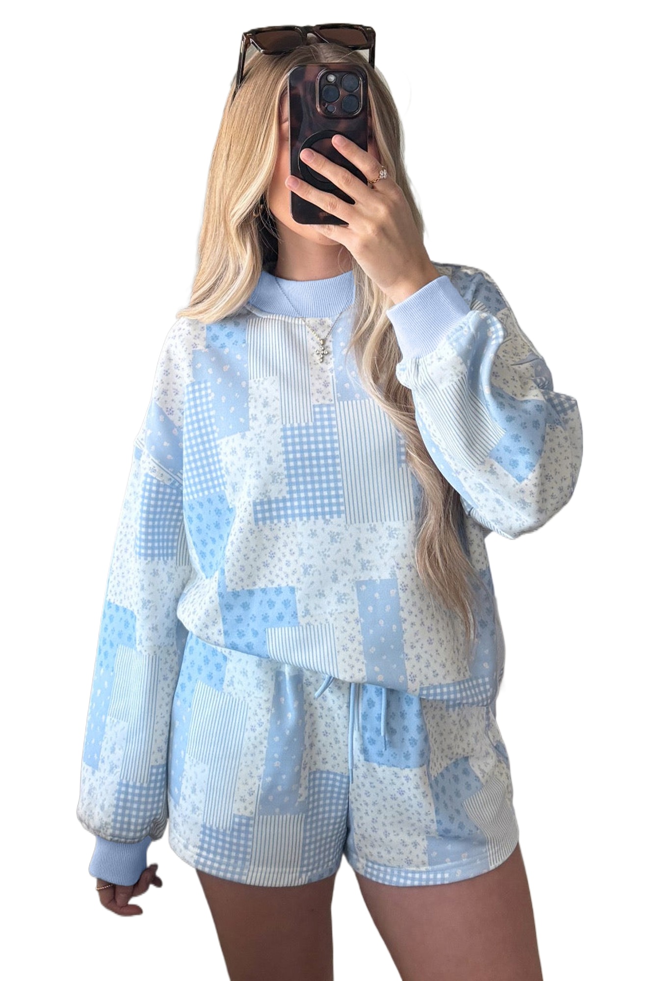 Women's Patchwork Lounge Set, Sky Blue Floral Pullover Shorts - Main View Women's Patchwork Lounge Set, Sky Blue Floral Pullover Shorts - Main View