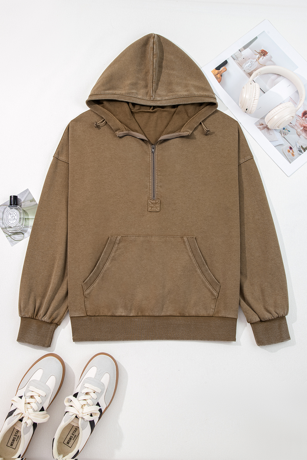 Casual Mineral Wash Half Zip Hoodie for Women – Elmwood Shade - Detail View 2 Casual Mineral Wash Half Zip Hoodie for Women – Elmwood Shade - Detail View 2