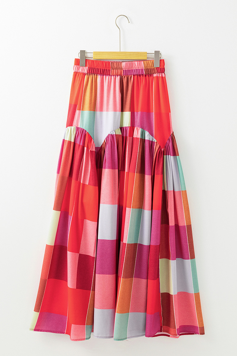 Women's Plaid Maxi Skirt, Vibrant High Waisted Boho Bottom - Detail View 10 Women's Plaid Maxi Skirt, Vibrant High Waisted Boho Bottom - Detail View 10