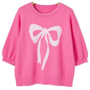 Sachet Pink Bow Print Drop Shoulder Sweater – Casual Summer Style for Women - Main View