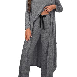 Women's Dark Grey 3-Piece V Neck Lounge Set – Casual Ribbon Knot Pants & Open Duster - Main View