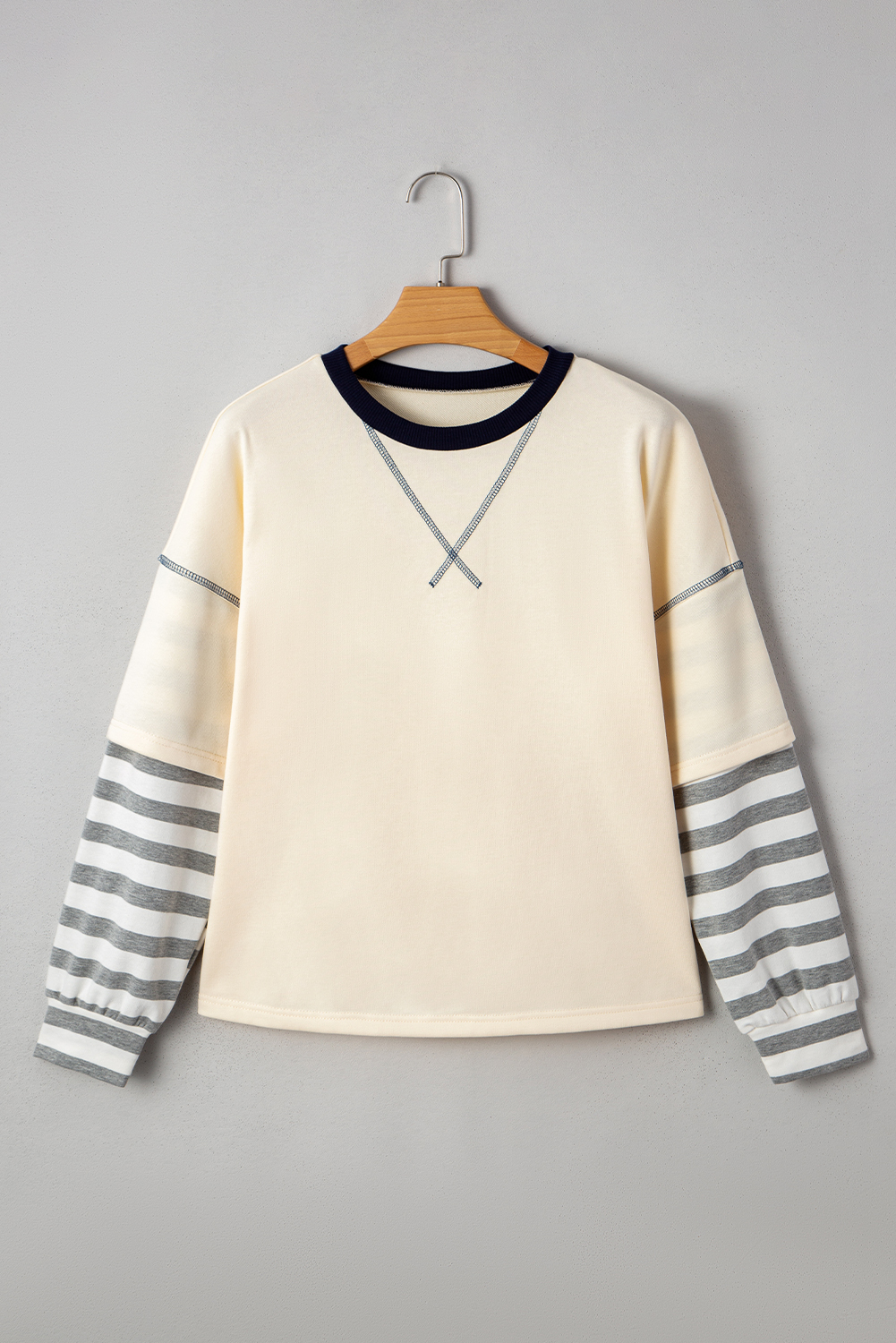 Women's Top, Beige Striped, Patchwork, Long Sleeve, Round Neck, Two-in-One, Casual Style, Daily Wear, Fall Fashion, Autumn Outfit, Colorblock Design, Comfortable Fit, Versatile Top - Detail View 8 Women's Top, Beige Striped, Patchwork, Long Sleeve, Round Neck, Two-in-One, Casual Style, Daily Wear, Fall Fashion, Autumn Outfit, Colorblock Design, Comfortable Fit, Versatile Top - Detail View 8