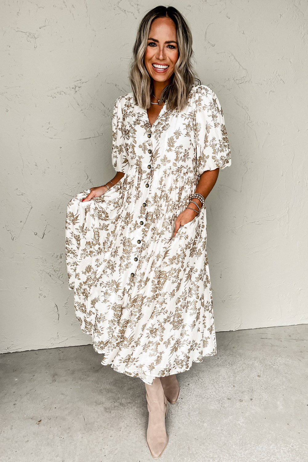 Elegant Khaki Floral Puff Sleeve V Neck Buttoned Front Maxi Dress for Women - Detail View 9 Elegant Khaki Floral Puff Sleeve V Neck Buttoned Front Maxi Dress for Women - Detail View 9
