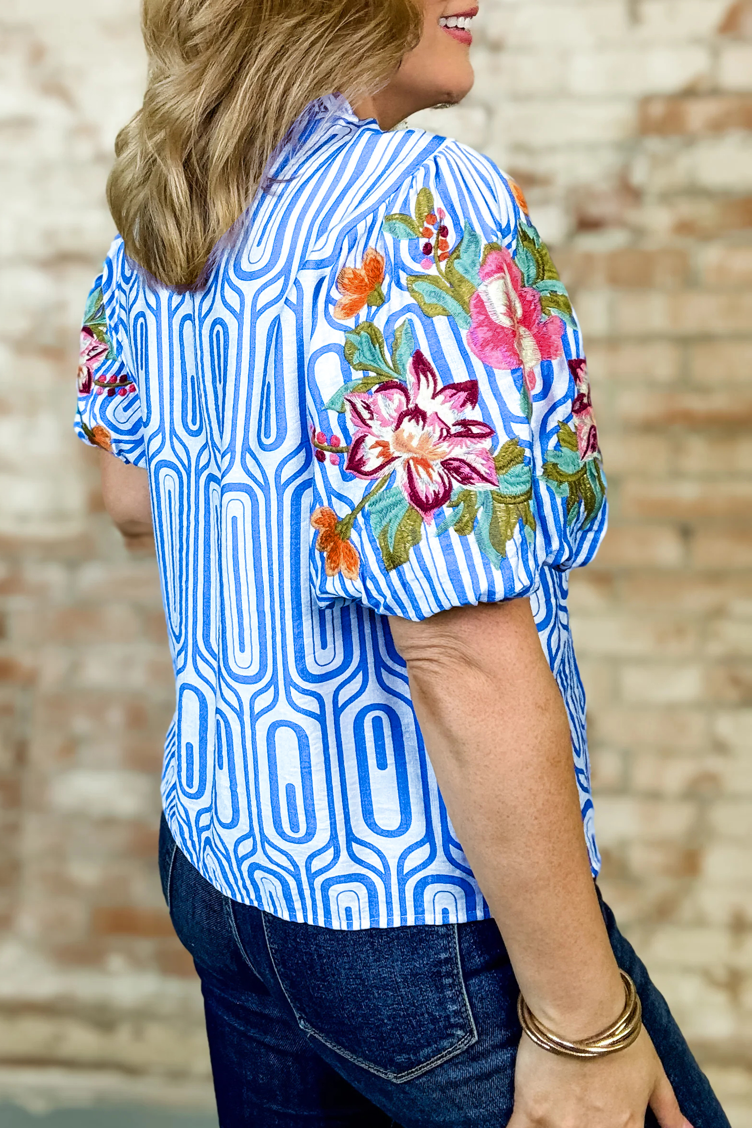 Southern Belle Style Floral Embroidered Blouse – Short Puff Sleeve Round Neck Top in Sky Blue - Detail View 2 Southern Belle Style Floral Embroidered Blouse – Short Puff Sleeve Round Neck Top in Sky Blue - Detail View 2