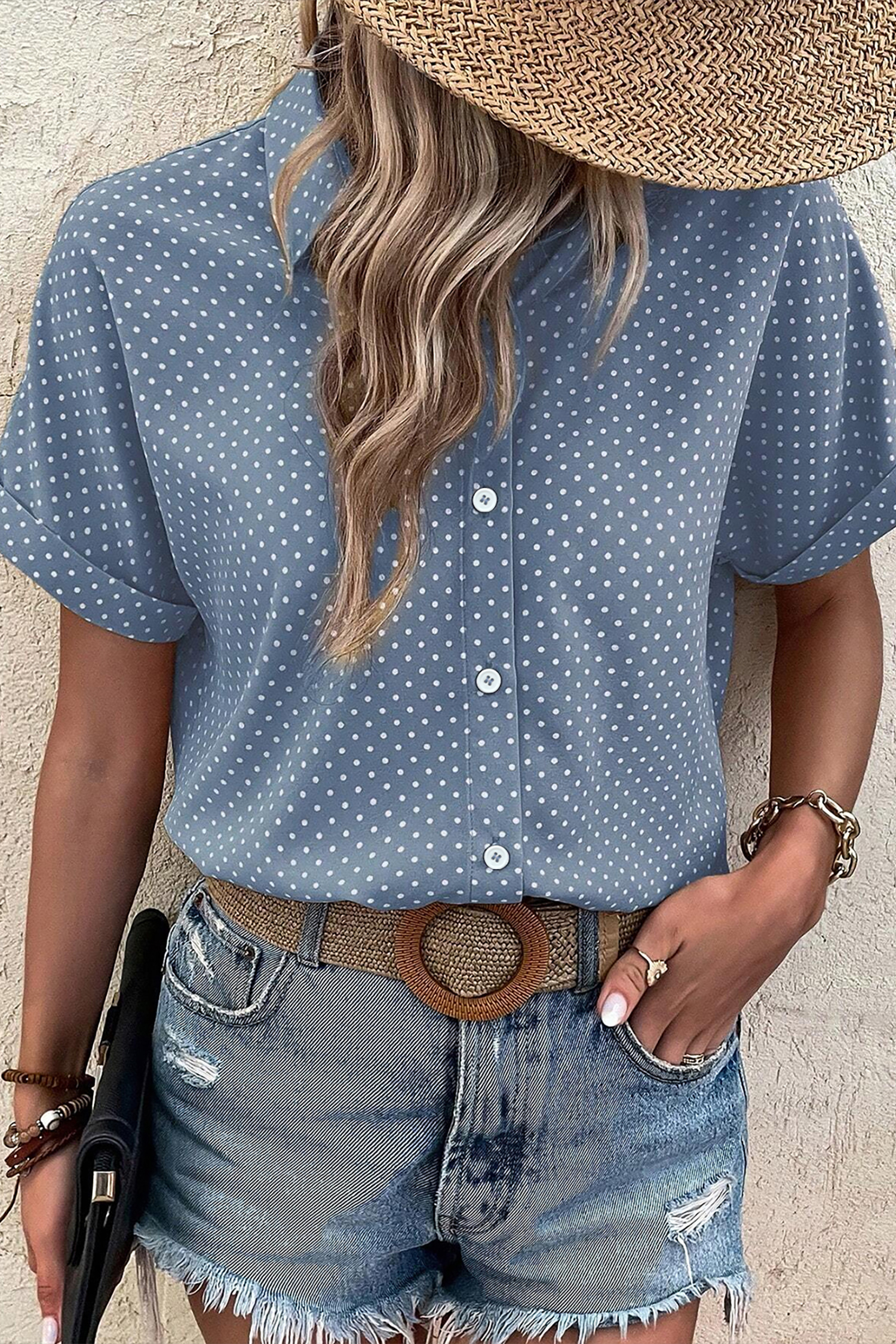 Women's Summer Button-Down Shirt – Sky Blue Polka Dot Print Top for Professional & Casual Outfits - Detail View 6 Women's Summer Button-Down Shirt – Sky Blue Polka Dot Print Top for Professional & Casual Outfits - Detail View 6
