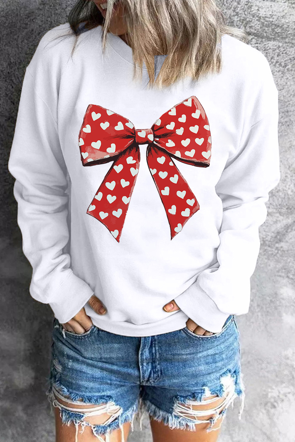 Women's White Heart Bow Printed Round Neck Pullover Sweatshirt for Valentine's Day - Detail View 9 Women's White Heart Bow Printed Round Neck Pullover Sweatshirt for Valentine's Day - Detail View 9
