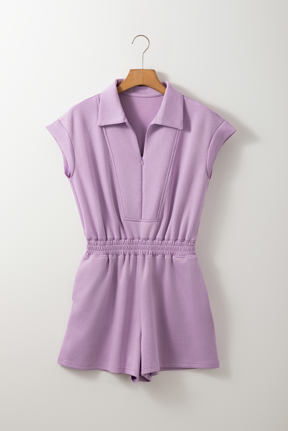 Women's Romper, Orchid Bouquet, Short Sleeve, Zipper Collar, Elastic High Waist, Casual Style, Summer Outfit, Comfortable Fit, Flattering Design, Versatile Jumpsuit, Pocket Detail, Solid Color, Daily Wear, Fashionable - Detail View 4 Women's Romper, Orchid Bouquet, Short Sleeve, Zipper Collar, Elastic High Waist, Casual Style, Summer Outfit, Comfortable Fit, Flattering Design, Versatile Jumpsuit, Pocket Detail, Solid Color, Daily Wear, Fashionable - Detail View 4