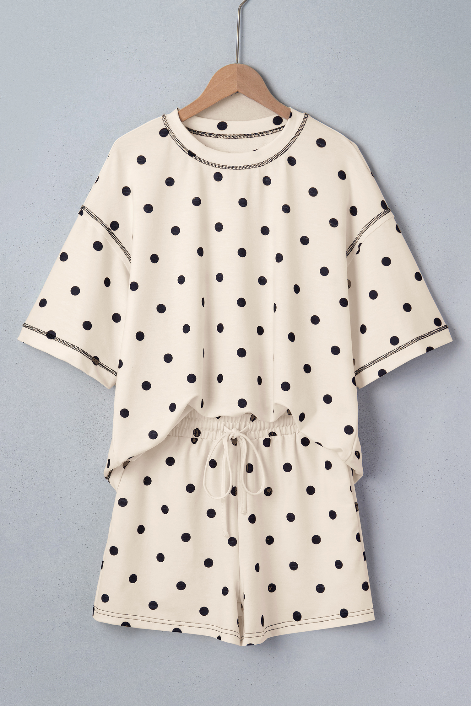 Women's Casual Polka Dot Set – Round Neck Short Sleeve Top and Drawstring Shorts, Summer Vacation Gift - Detail View 3 Women's Casual Polka Dot Set – Round Neck Short Sleeve Top and Drawstring Shorts, Summer Vacation Gift - Detail View 3