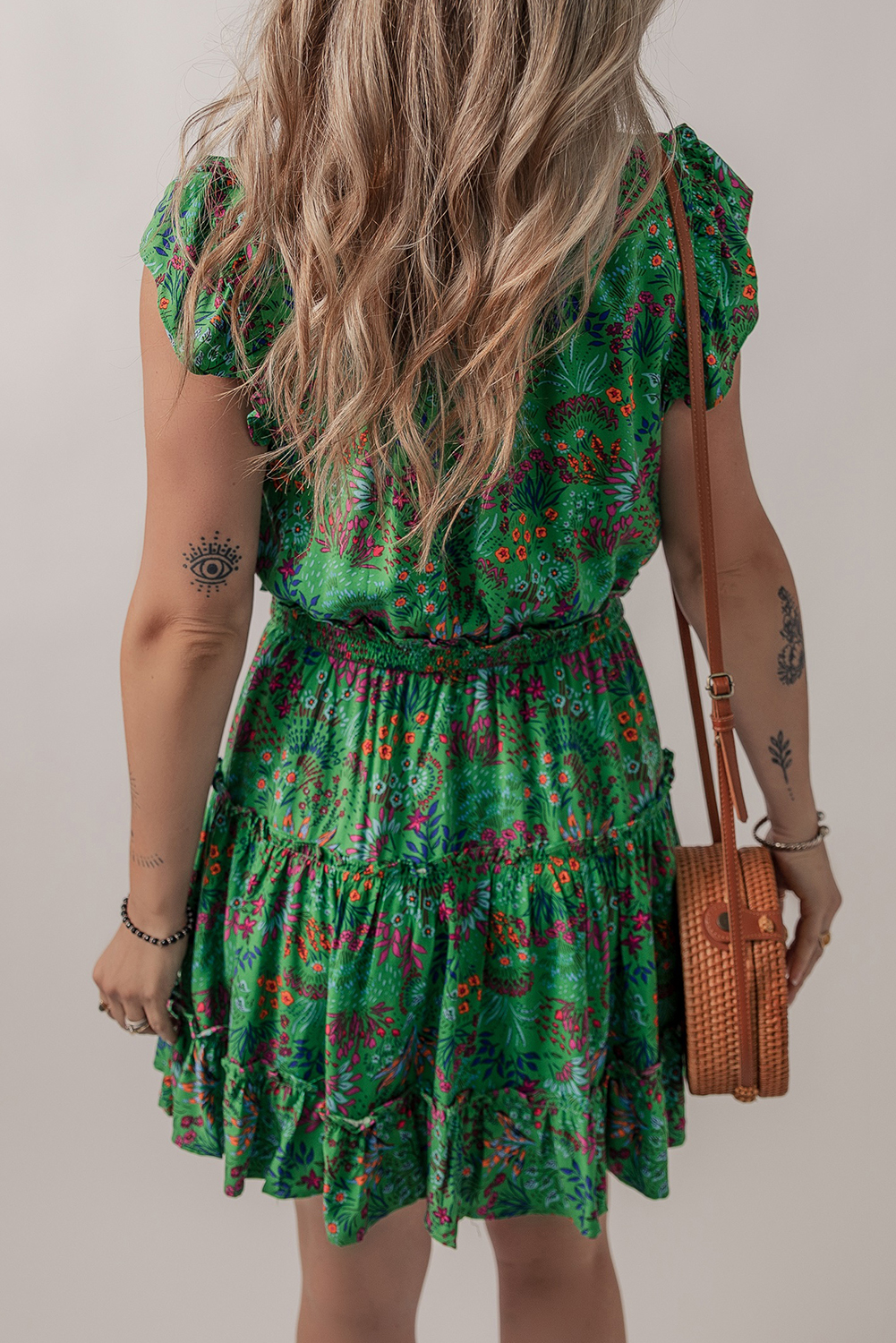 Eye-Catching Mini Dress for Daily Wear - Green V Neck with Frilly Hem - Detail View 3 Eye-Catching Mini Dress for Daily Wear - Green V Neck with Frilly Hem - Detail View 3