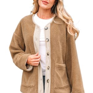 Women's Light French Beige Puffy Plush Corduroy Patchwork Jacket for Daily Wear - Main View