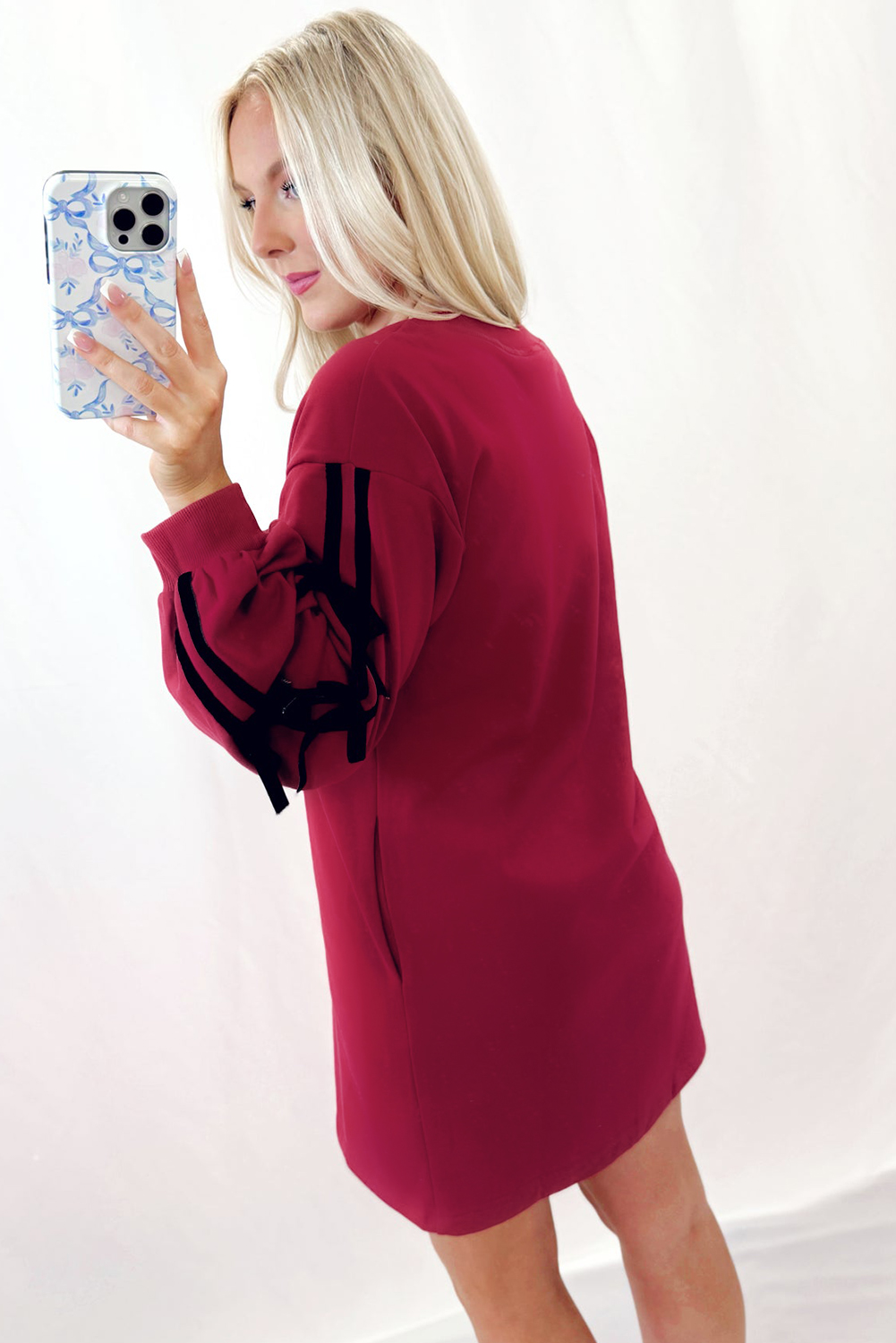Casual Drop Shoulder Mini Dress for Women in Red Stripe Patchwork - Detail View 2 Casual Drop Shoulder Mini Dress for Women in Red Stripe Patchwork - Detail View 2