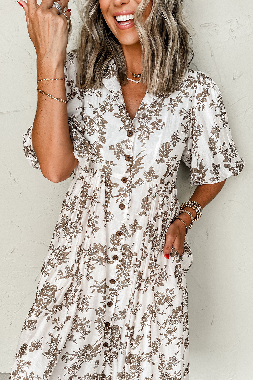 Women's Maxi Dress, Khaki Floral Dress, Puff Sleeve, V Neck, Buttoned Front, Elegant Style, Summer Fashion, Comfortable Fit, A-Line Silhouette, High Waist, Flattering Design, Daily Wear, Wedding Guest Dress, Lightweight Fabric, Flowing Maxi Dress - Detail View 12 Women's Maxi Dress, Khaki Floral Dress, Puff Sleeve, V Neck, Buttoned Front, Elegant Style, Summer Fashion, Comfortable Fit, A-Line Silhouette, High Waist, Flattering Design, Daily Wear, Wedding Guest Dress, Lightweight Fabric, Flowing Maxi Dress - Detail View 12