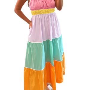 Women's Multicolor Colorblock High Waist Flowing Maxi Dress with Pockets - Main View