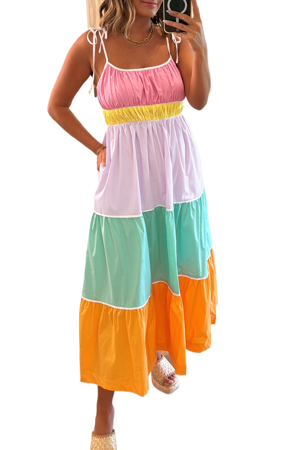 Women's Multicolor Colorblock High Waist Flowing Maxi Dress with Pockets - Main View Women's Multicolor Colorblock High Waist Flowing Maxi Dress with Pockets - Main View