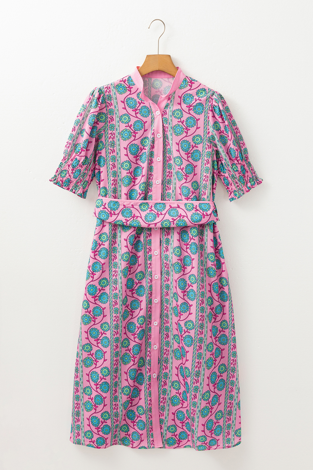 Soft Lightweight Fabric A-Line Midi Dress with Mandarain Collar and Puff Sleeves - Detail View 3 Soft Lightweight Fabric A-Line Midi Dress with Mandarain Collar and Puff Sleeves - Detail View 3