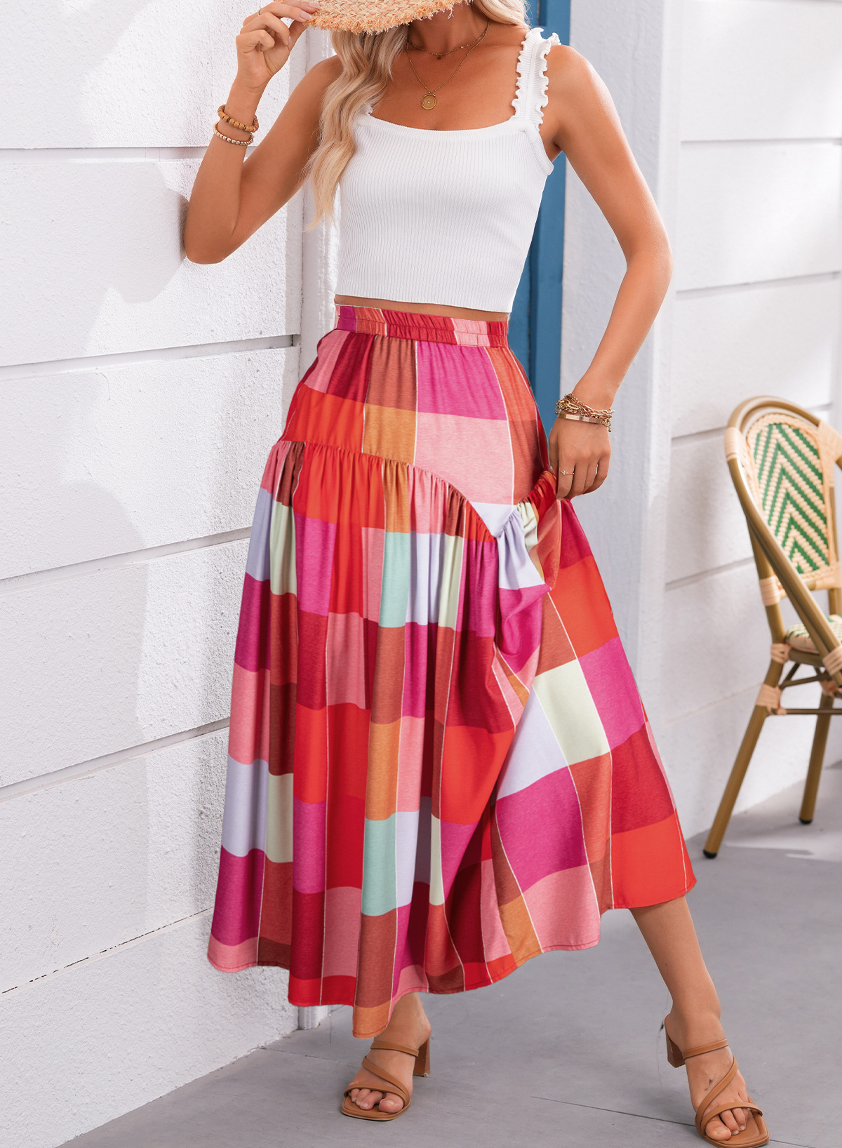 Multicolor Plaid Long Skirt, Flowy Casual Vacation Bottoms - Detail View 5 Multicolor Plaid Long Skirt, Flowy Casual Vacation Bottoms - Detail View 5