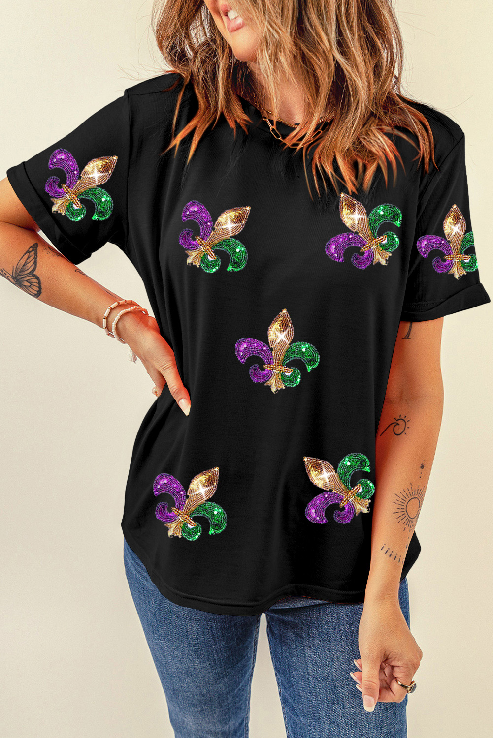 Casual Black Graphic Tee with Mardi Gras Flair - Round Neck and Short Sleeves - Detail View 6 Casual Black Graphic Tee with Mardi Gras Flair - Round Neck and Short Sleeves - Detail View 6