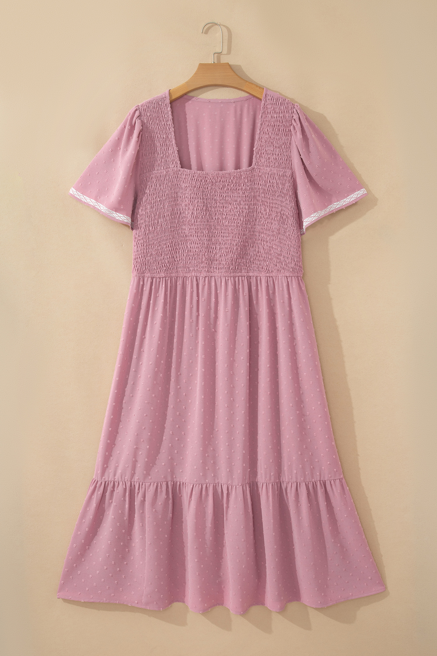 Elegant Square Collar Midi Dress for Women – Casual Short Sleeve Swiss Dot Vacation Dress - Detail View 5 Elegant Square Collar Midi Dress for Women – Casual Short Sleeve Swiss Dot Vacation Dress - Detail View 5